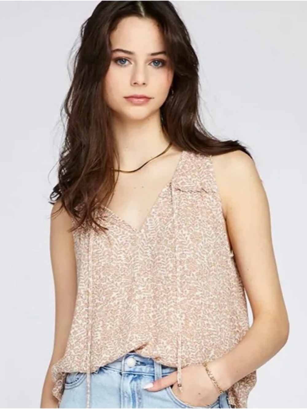 Gentle Fawn Tan Floral V-Neck Sleeveless Blouse XL High-Low Neck Ties Rayon